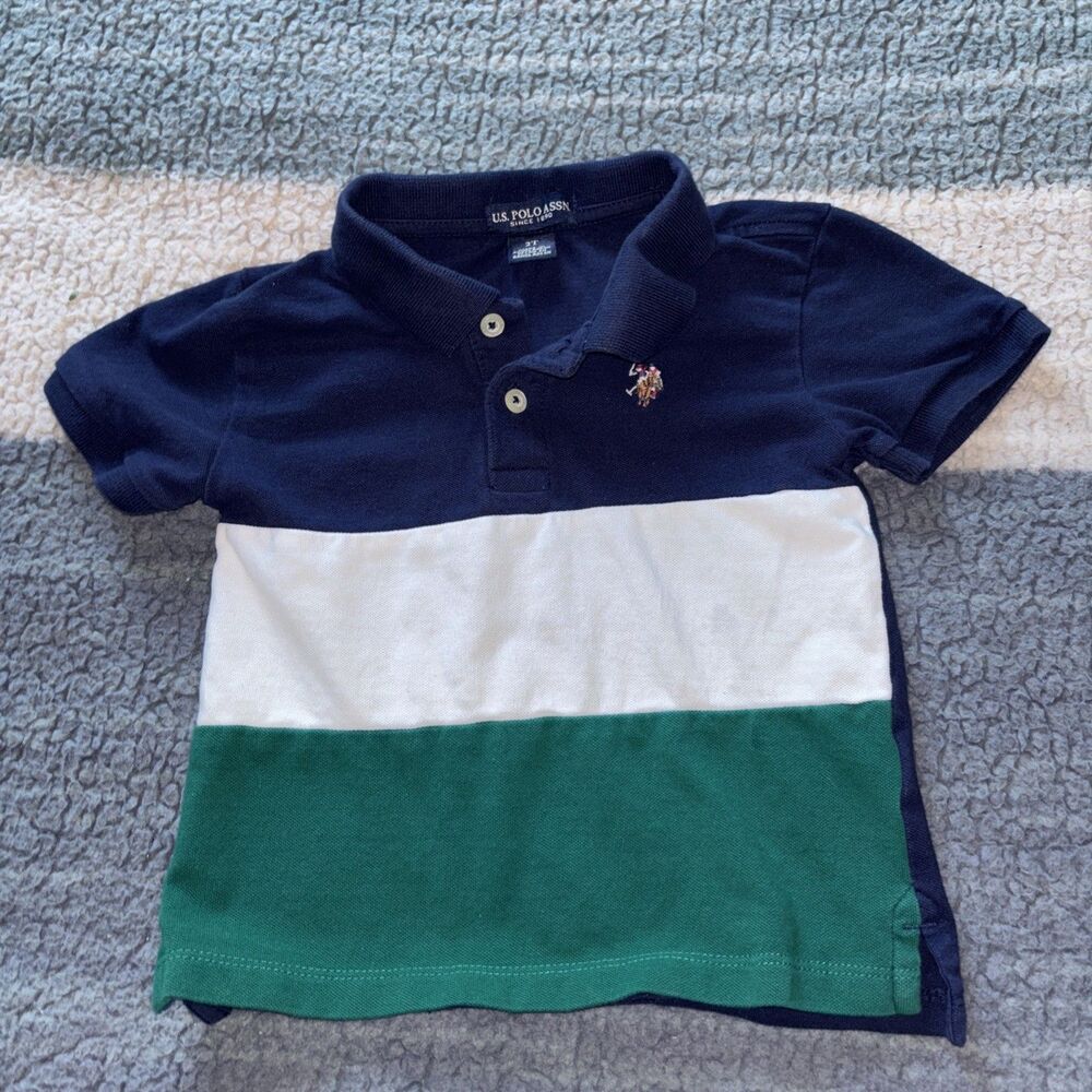 U.S. Polo Assn. Boys Blue Short Sleeve Polo Size 2T Block Color Navy Green White